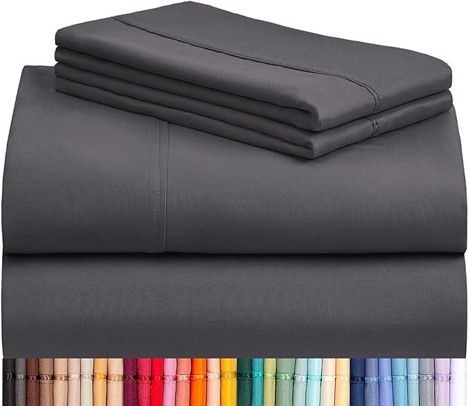 LuxClub 4 PC King Sheet Set, Deep Pockets Wrinkle Free Cooling Bed Sheets Hotel Bedding for Women, Men, Includes 1 Fitted Sheet, 1 Flat Sheet and 2 Pillowcases-Soft Dark Grey | LuxClub Silky Fitted Sheet & Pillowcase Sets, Breathable Hotel Luxury Beddi...
