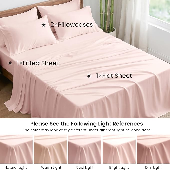 Love's cabin 4 Piece Full Size Sheet Set, 100% Rayon Derived from Bamboo, Cooling & Breathable, Soft Silky Deep Pocket up to 16", Hotel Luxury Bedding for Hot Sleepers, Pink