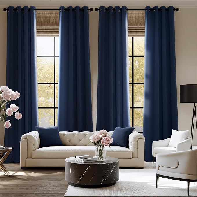NICETOWN Navy Blue Blackout Draperies Heat Insulated Curtain 95 inch - Extr | a Long Thermal Insulated Shades for Bedroom, Living Room, Yard, Laundry, Pantry, Garage - 1 Pair, W52 x L95