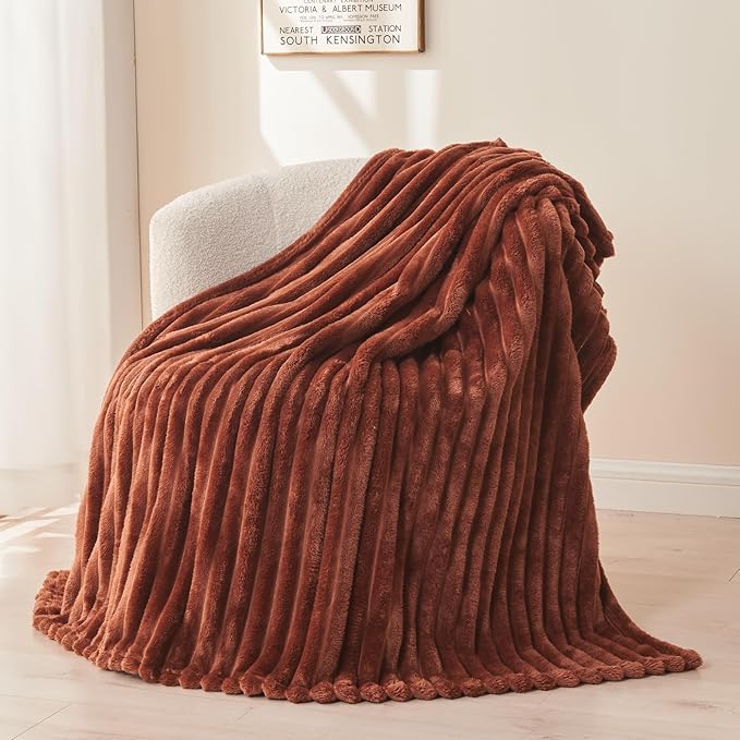 NEWCOSPLAY Fleece Ribbed Cozy Throw Blanket for Couch, Coffee, 50"x60" | Premium Silky Flannel Blanket, Soft Lightweight Fluffy Throw Blanket for Bed Sofa Decor, Gift for All Season Use