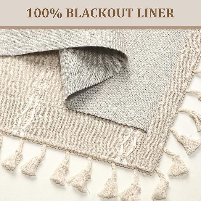Boho 100% Blackout Curtains 63 Inch 2 Panels Linen Blend Beige | Vintage Farmhouse Rod Pocket, White Cotton Embroidery and Tassel, Bedroom, Living Room, Insulation and Room Darkening