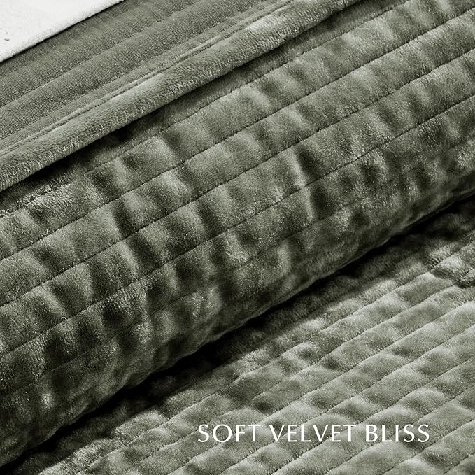 EverGrace Striped Channel Velvet Quilt Set, King Size, Dried Thyme Green | Luxurious Soft Lightweight Velvet Comforter, Oversized Bedspread Coverlet, Quilted Bedding Set for All Season, with 2 Shams