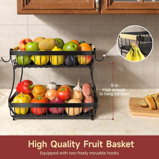 Sevenblue 3-Tier Fruit Basket with Banana Hangers, Detachable Metal Bowl | Wooden handle, protective mats included. Versatile holder for bread, snacks, and veggies. Large 3 tier metal design.