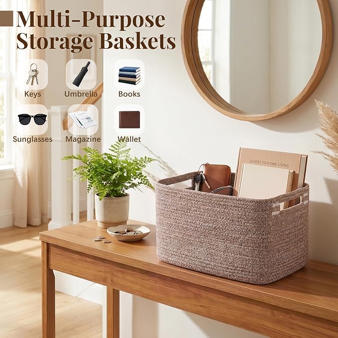 OIASKET 4Packs Natural Cotton Rope Storage Baskets for Organizing Toys, Clothes, Towels & Books, Soft Versatile Organizers for Shelves, Home Decorative Bins, 13''Lx9''Wx7.8''H, Linen Brown