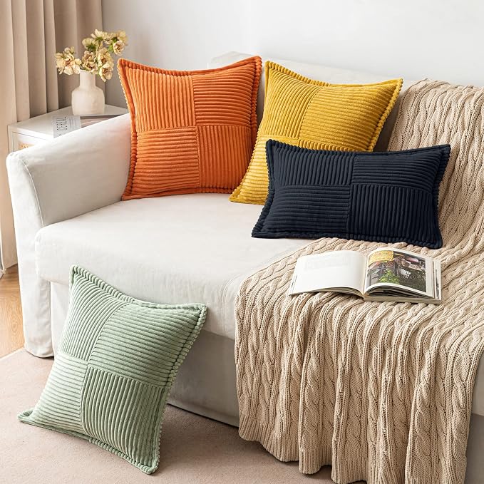 MIULEE Decorative Throw Pillow Covers for Couch 18x18 Inch Black 2 Pack | Boho Broadside Striped Patchwork Pillow Covers, Soft Corduroy Cushion Cases, For Sofa Bed Livingroom Home Decor