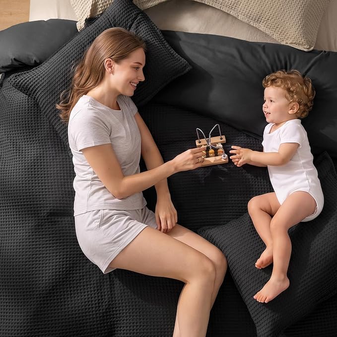PHF Waffle Duvet Cover Set Queen, Ultra Soft & Breathable, 90"x90", Black | 300GSM Fabrie，No Snagging Textured Honeycomb Comforter Cover for All Season 3pcs, Durable Bedding Duvet Set, Home Decor Gift