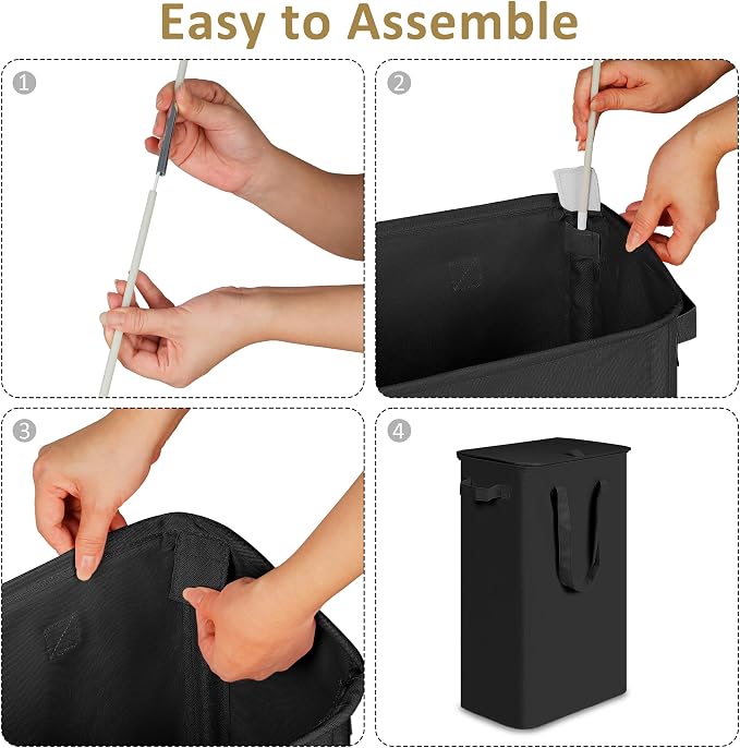 efluky Slim Laundry Basket with Lid, Narrow Laundry Hamper with Handles, Collapsible Dirty Clothes Hamper, Tall Laundry Bin for Laundry Room, Dorm and Bedroom, 55L Black