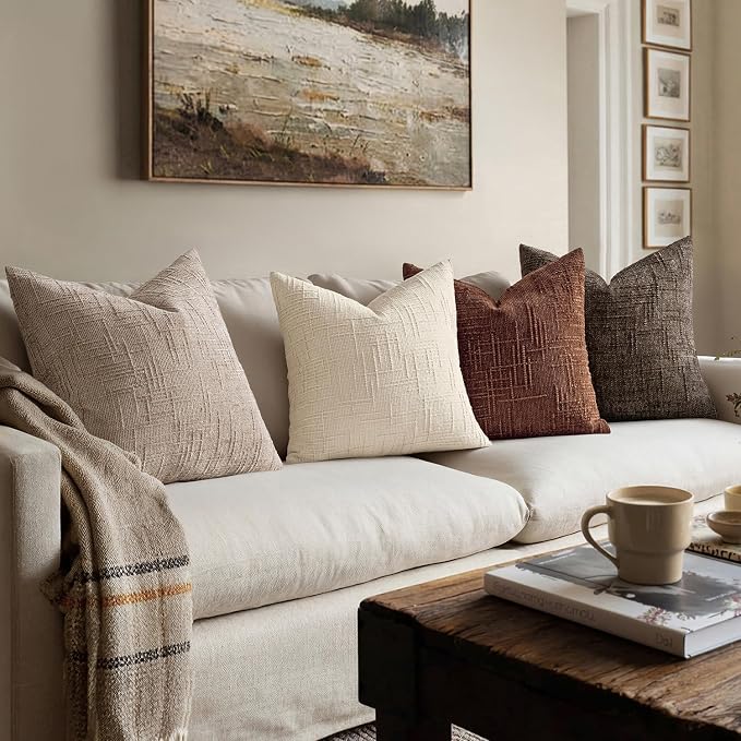 MIULEE Chenille Textured Euro Throw Pillow Covers Oatmeal 22x22 Set of 2 | Slubby Decorative Pillows, Boho Farmhouse Home Decor, Modern Neutral Cushion Covers for Couch Sofa Bed Living Room