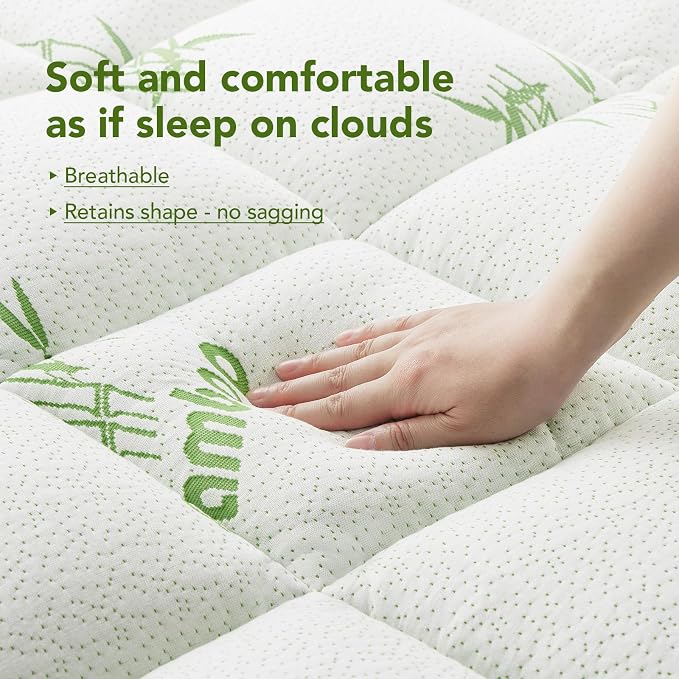 King Size Mattress Topper Viscose Made from Bamboo, Extra Thick Quilted Pillow Top, Naturally Cooling & Breathable for Hot Sleepers, Back Pain Relief, Deep Pocket Skirt Fits 6-18", Green