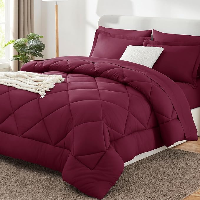 Queen Comforter Set with Sheets Burgundy - 7 Pieces Bed in a Bag | OEKO-TEX Certified, All Season, 240GSM Down-Alternative Comforter, Sheets, Pillowcases & Shams, 14" Deep Pocket, Easy Care