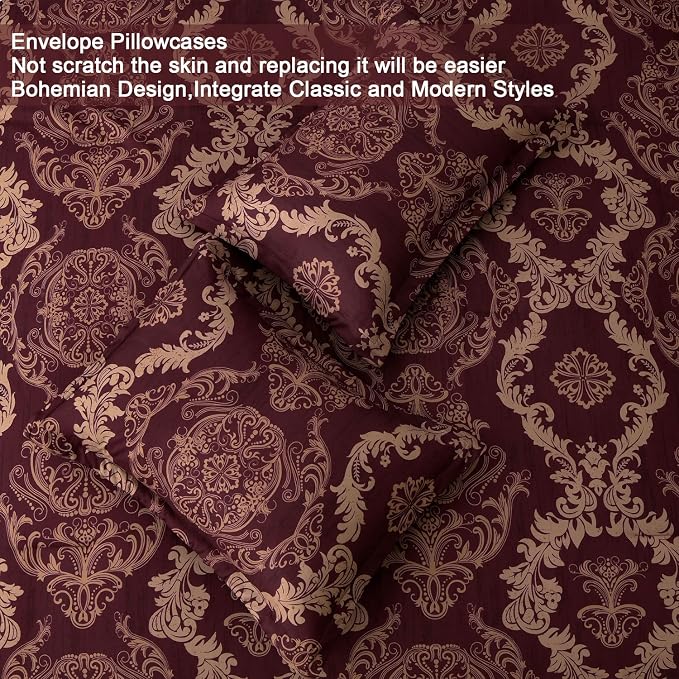 WONGS BEDDING Burgundy Comforter Set Queen Size, Maroon Damask Texture 7 Pieces Bed in a Bag Microfiber Comforter Bedding Sets -1 Comforter, 1 Flat Sheet, 1 Fitted Sheet, 2 Pillow Shams, 2 Pillowcases