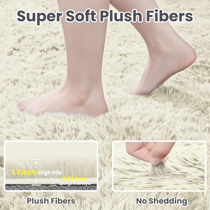 5x8 Fluffy Shag Area Rugs for Living Room Bedroom: Soft Carpet Cream White | Upgraded Non-Slip Thick Memory Foam, Ultra Soft, Non-Shedding Fuzzy Carpet, Easy Clean Decor for Kids Room, Nursery, Playroom