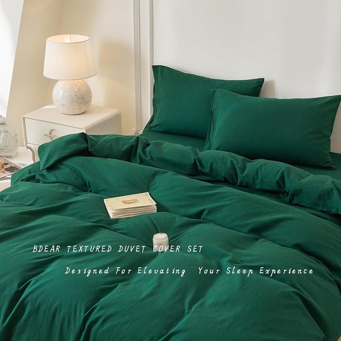 BDEAR 3Pcs Forest Green Duvet Cover Set Queen Size 90" L x 90" W, Oeko TEX | 100% Washed Cotton, 1 Duvet Cover with 2 Pillowcases, Zipper Closure, 8 Corner Ties,Linen-Liked Texture, Skin Friendly
