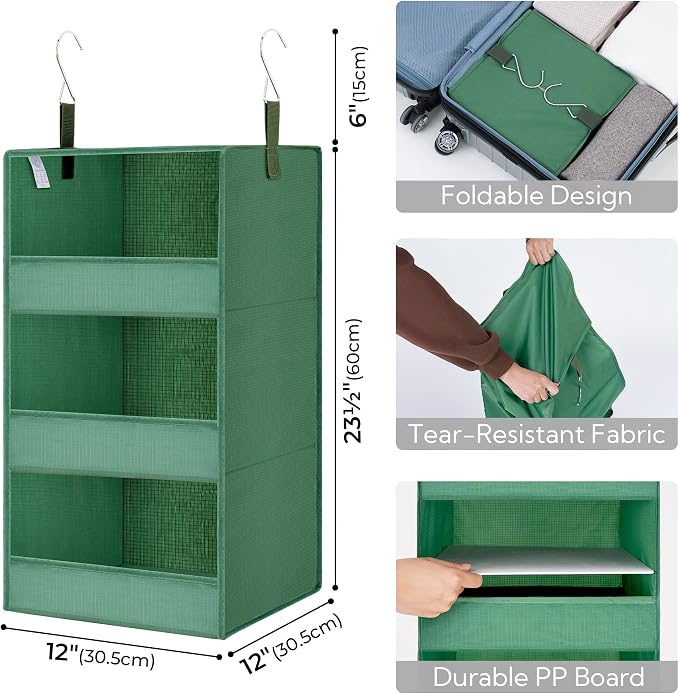 GRANNY SAYS 3-Shelf Hanging Closet Organizer, Foldable Storage, Dark Green | 33 lb Capacity, No-Sag Support, Keeps Clothes Neat, Folds Flat, Fits RV, Dorm & Small Closets