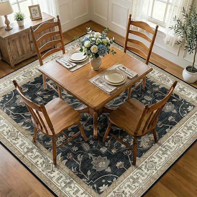 RELEANY Washable Area Rug, Square 8'x8', Black/Vintage/Beige | Non-Slip, Water Repellent, Pet Friendly, Easy to Clean, Vintage Floral Boho Decor for Living Room Bedroom Dining Room Office