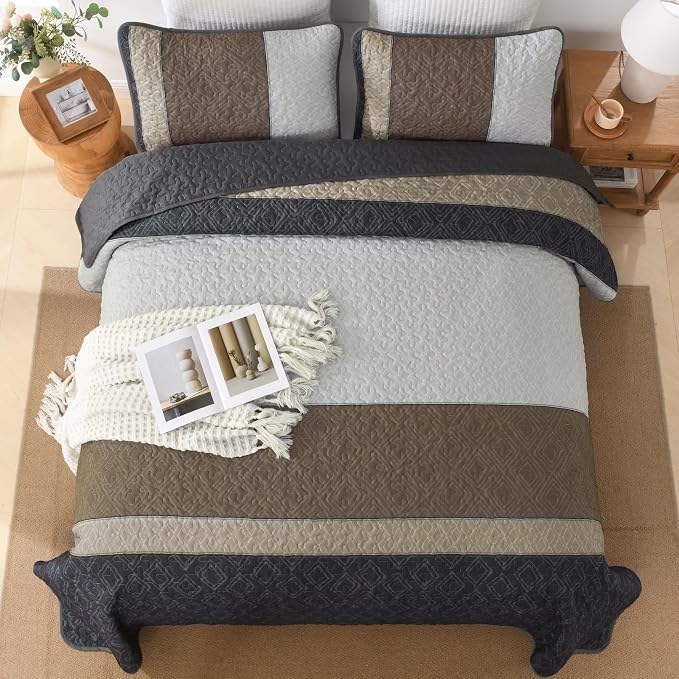 Cottolester King Quilt Set,Grey Brown Striped Plaid Bedsperad Coverlet Set | Modern Boho Style,Striped Plaid Design,Ultra Soft Lightweight Microfiber Quilted Bedding Sets for All Seasons 110"x90"
