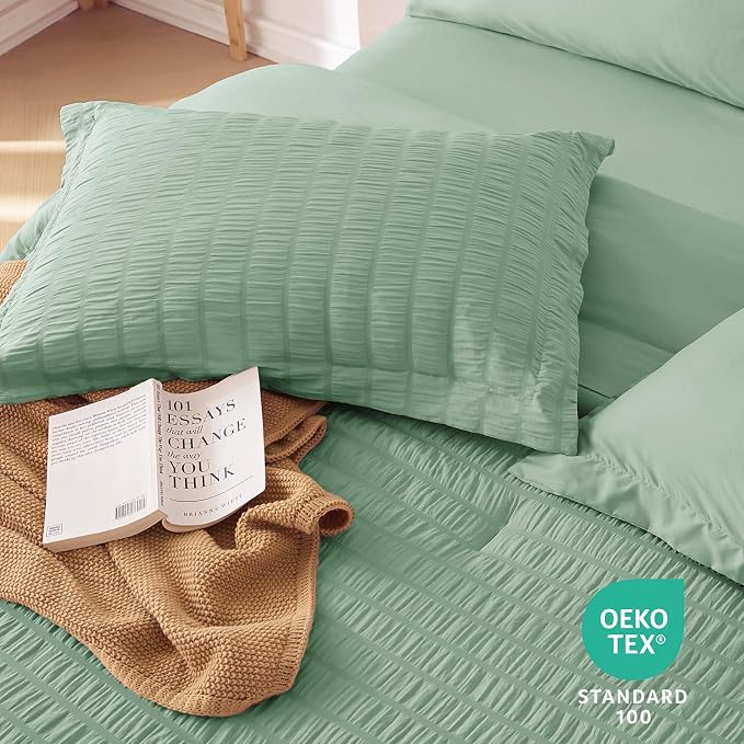 7 Pieces Full Comforter Set, Seersucker Bed in a Bag Full Size, All Season Luxury Bedding Set with Comforter, Flat Sheet, Fitted Sheet, Pillowcases & Shams, Sage Green