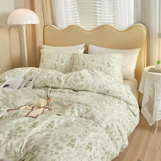 mixinni 3pcs Girls Boho Green Floral Duvet Cover Set King Size Cotton Soft Aesthetic Cute Flowers Leaves Pattern Bedding Comforter Cover, 1 Queen Duvet Cover with 2 Pillowcases for All Seasons