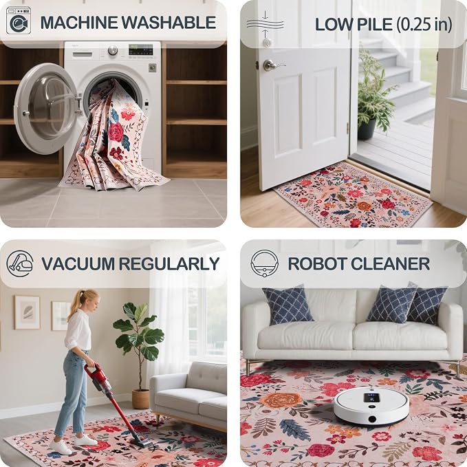 Washable 2' x 6' Runners for Hallways, Non Slip Long Floor Runner for Kitchen, Entryway Indoor, Stain Resistant Rubber Backing Floral Decor Rug (Beige Red)