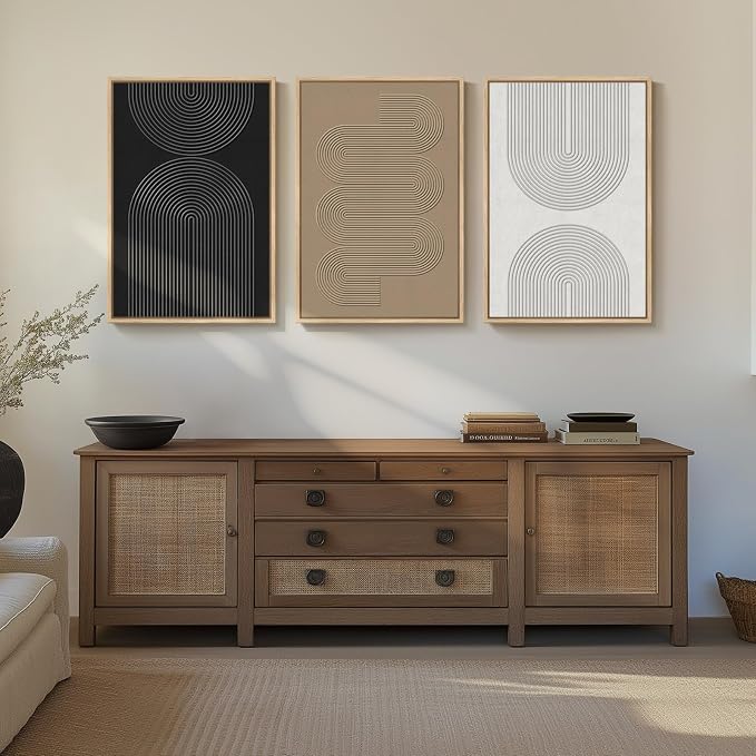 3D Textured Large Framed Boho Neutral Abstract Wall Art Set of 3, 20x30 In | Solid wood frames, raised sculptural lines, black white and beige palette, decorations for living room dining room bedroom