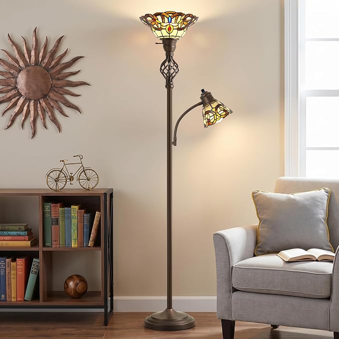 GyroVu Torchiere Floor Lamp for Living Room, Tiffany-Style Reading Light | Stained Glass Lampshade, 72" Tiffany-Style Tall Lamps for Bedroom Corner Home Office, Bulbs Included