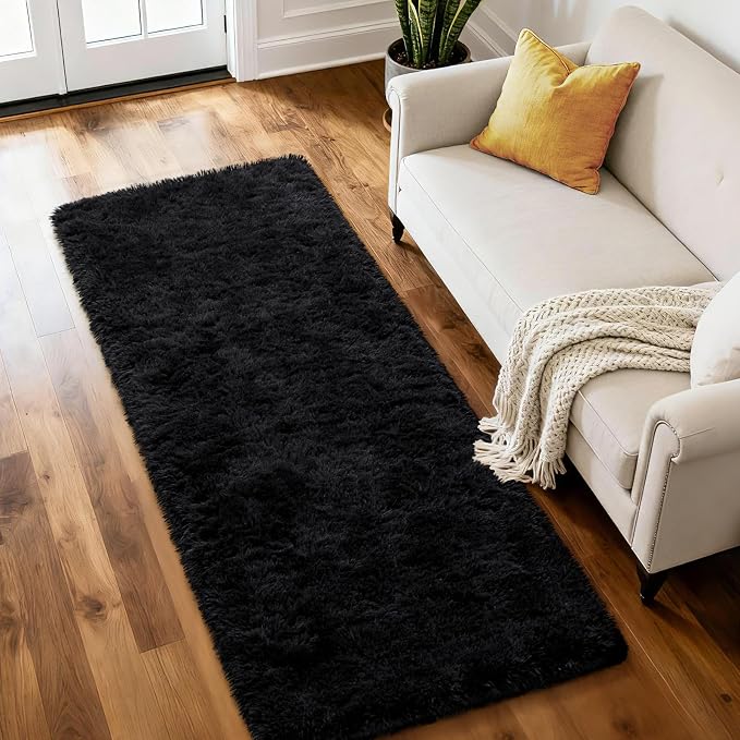 Soft Fluffy Rugs for Bedroom Living Room, 2x6 Hallway Runner Rugs, Furry Shag Bedside Area Rug Indoor Accent Floor Carpet, Plush Fuzzy Rug for Dorm Nursery Kids Room Decor, Black
