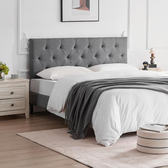 Linen Headboard Full Size, Adjustable Height Headboard 37-51 in, Light Gray | Diamond Tufting Solid Wood Full XL Headboards Only, Durable Metal Legs, Upholstered Full Head Board Bed Frame, Modern Fabric