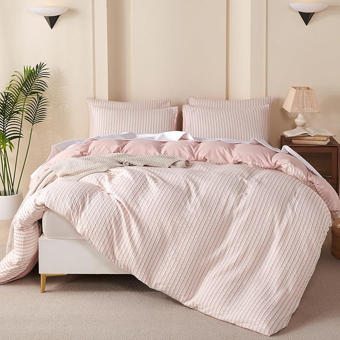 Comforter King Set Pink Striped Soft Luxury Washed Microfiber Jacquard 3 Pieces Bedding, White Pink Vertical Ticking Stripes Pattern Comforter with 2 Pillowcases Breathable Durable Comfy
