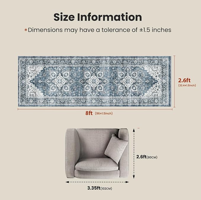 AMADA HOMEFURNISHING 2'6"x8' Washable Area Rug, Low-Profile Entryway Rug with Non-Slip Backing & Durable Edge Binding, Vintage Rug Pattern, Small Rugs for Entryway, Kitchen & Living Room