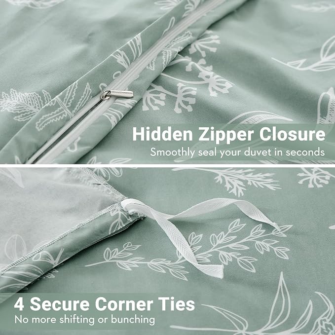 MUXHOMO Duvet Cover King Size, Reversible Floral Green Duvet Cover Set with Zipper Closure, 3 Pieces Botanical Patterns Soft Microfiber Bedding Set (90"x104", 2 Pillow Cases 20"×36")