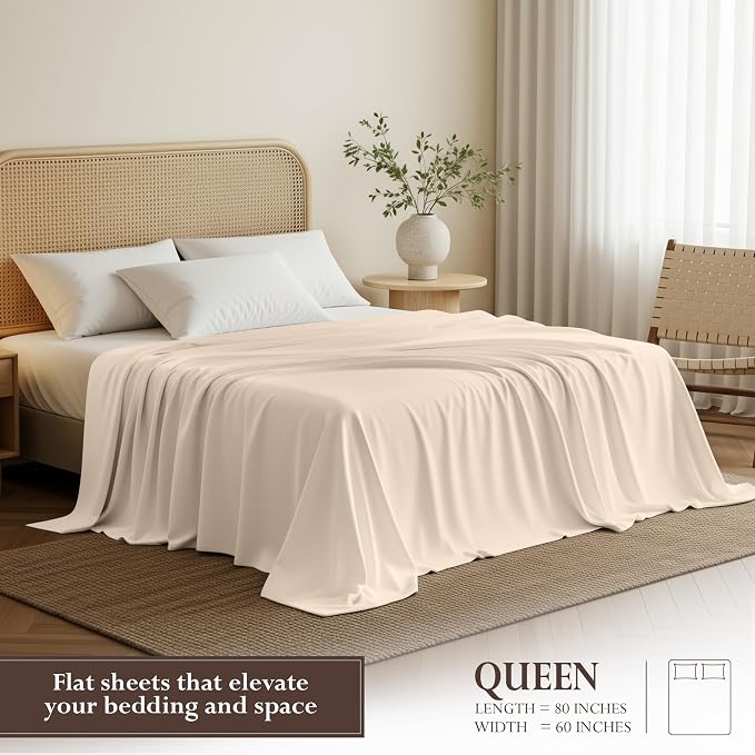 Queen Size Flat Sheet Only, Ultra Soft & Breathable Hotel Sheets, Beige | Hotel Bedding, Cooling Comfort, Smooth Feel, Wrinkle & Fade Resistant, Easy Care, Long-Lasting, Machine Washable, OEKO-TEX