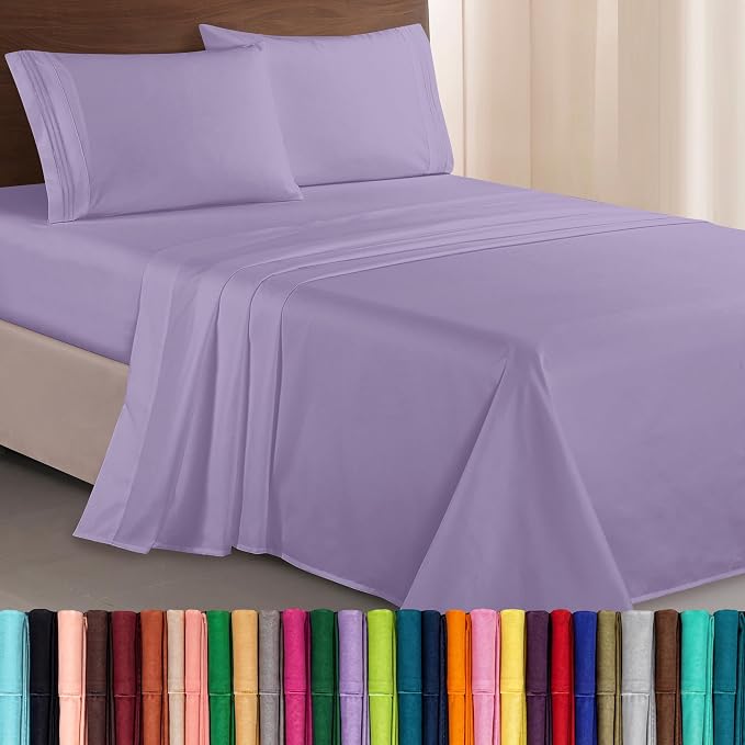 Elegant Comfort Luxurious 1500 Premium Hotel Quality Microfiber Three Line Embroidered Softest 4-Piece Bed Sheet Set, Wrinkle and Fade Resistant, Queen, Lavender