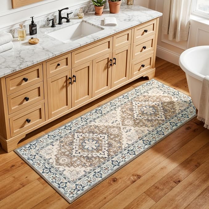 2x5 Runner Entryway Rug, Machine Washable Kitchen Rugs, Brown Beige | Faux Wool Low Pile Long Rug for Bedroom Hallway, Floral Medallion Boho Vintage Carpets with Non-Slip Rubber, Stain Resistant