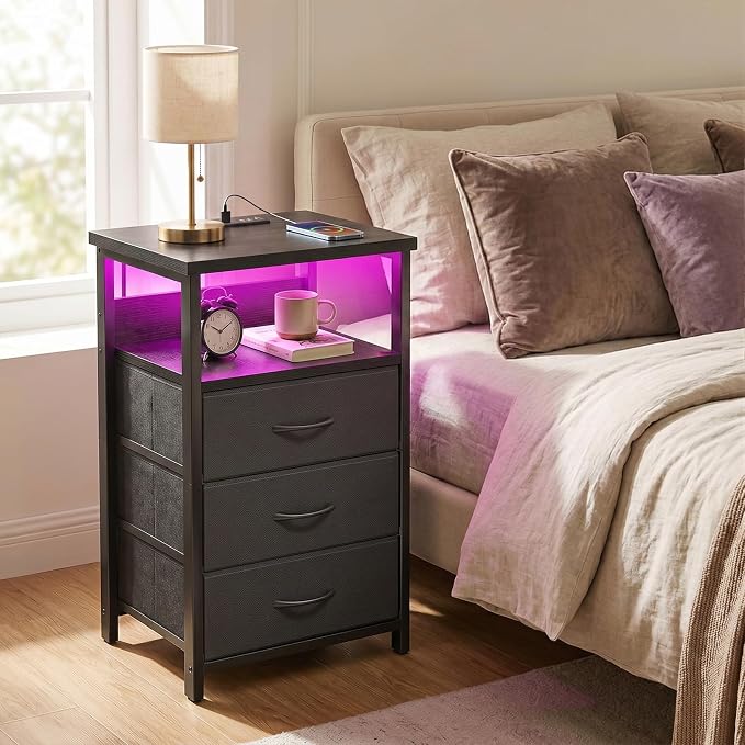 Fixwal Night Stand with 3 Drawers, Black Nightstand with Charging Station | led lights, built-in bedside charger, 2 AC outlets & 2 usb ports, 2 wooden shelves, fabric drawers, bedroom furniture
