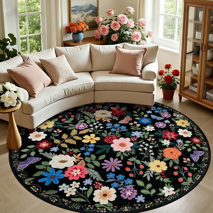 PLHXFR Round Area Rug Living Room: 8 ft Floral Washable Soft Carpet Black | For Bedroom Dining Room Farmhouse Nursery Hallway,Vintage Floral,Machine washable,Non Slip,Stain Resistant,Large Indoor
