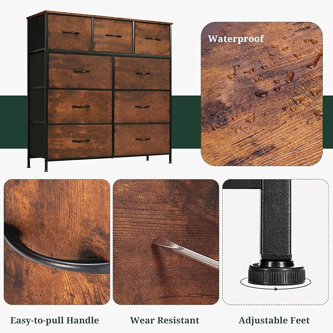 9-Drawer Dresser for Bedroom, Anti-Tip Tall Storage Organizer | Chest of Drawers with Wooden Top and Metal Frame Fabric Bins for Closet, Living Room, Hallway, Entryway, Brown
