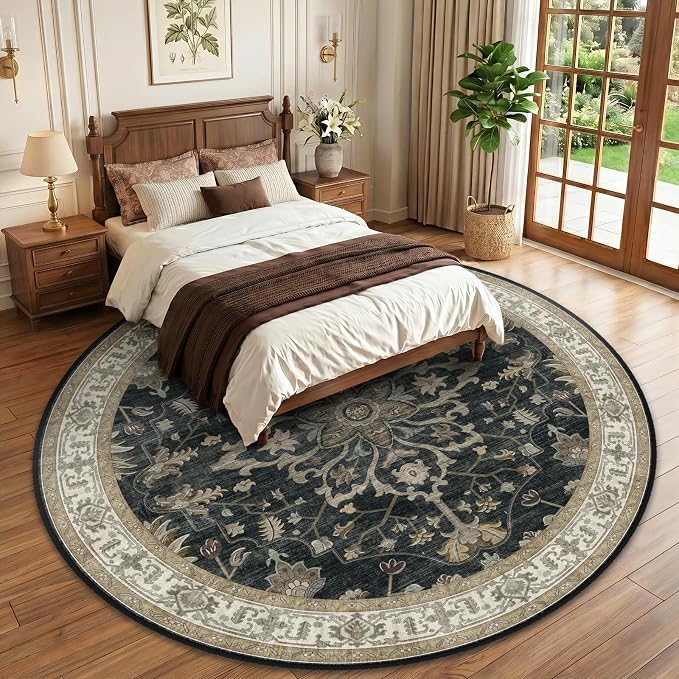 RELEANY Washable Area Rug, Round 10ft, Black/Vintage/Beige | Non-Slip, Water Repellent, Pet Friendly, Easy to Clean, Vintage Floral Boho Decor for Living Room Bedroom Dining Room