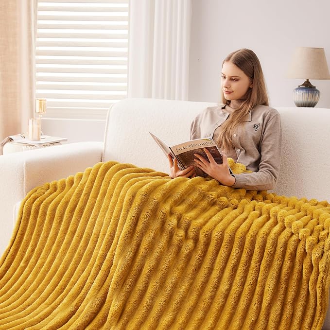 NEWCOSPLAY Fleece Ribbed Cozy Throw Blanket for Couch, Yellow, 50"x60" | Premium Silky Flannel Blanket, Soft Lightweight Fluffy Throw Blanket for Bed Sofa Decor, Gift for All Season Use