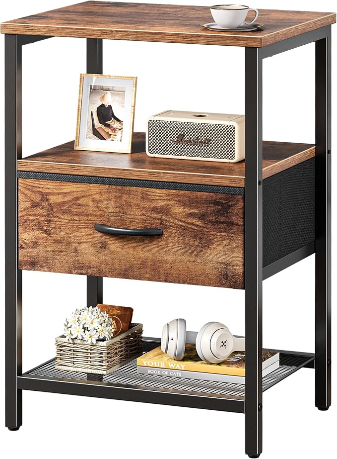 Huuger Night Stand with 2 Drawers, Bed Side Table with Open Shelf | Bedroom Nightstand, Fabric Drawer Dresser, Metal Frame, Couch Side, Living Room, Rustic Brown