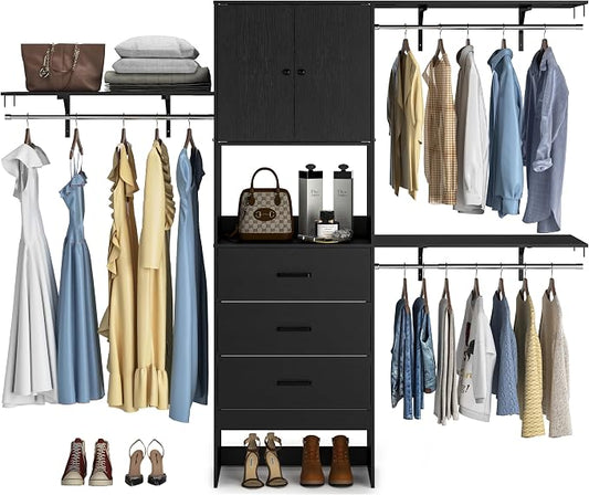 Armocity 96 Inches Closet System with Doors, 8FT Walk In Closet Organizer with 3 Shelving Towers, Heavy Duty Clothes Garment Rack with 3 Wood Drawers, 96" L x 16" W x 80" H, Max Load 1000 LBS, Black