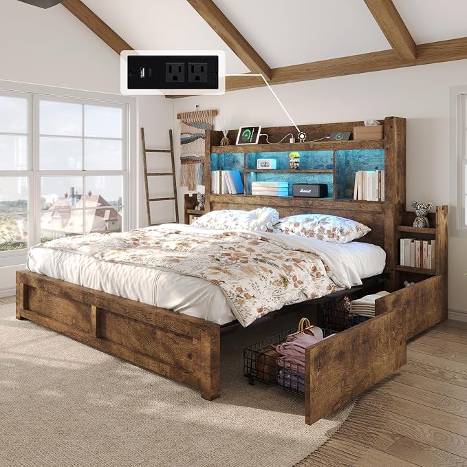 LUXOAK King Bed Frame with Storage, Bookcase Headboard, Rustic Brown | 49.6" Headboard, Wood Platform Bed, Charging Station, Bedside Storage, 4 Storage Drawers, No Box Spring Needed, Farmhouse