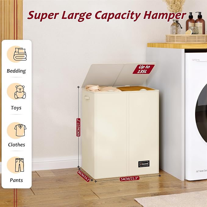135L Laundry Hamper 2 Section, Large Laundry Hamper with Lid, Dirty Clothes Hamper with 2 Removable Inner Bags, Collapsible Laundry Basket Organizer for for Clothes Toys Towels, Hamper 2 Compartment