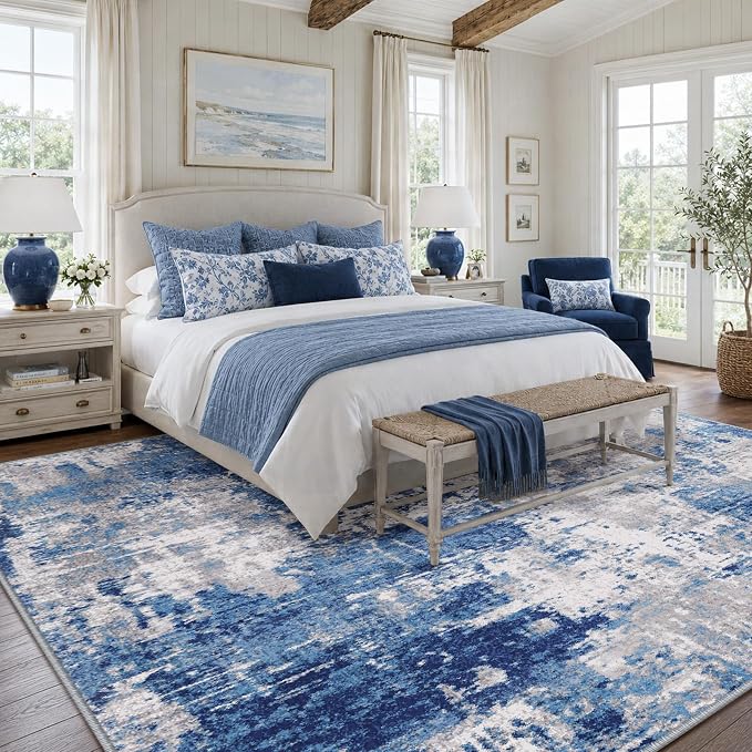 RELEANY Washable 10'x14' Abstract Area Rug for Living Room Blue Gray | Carpet for Bedroom, Kitchen, Office, Hallway and Entryway, Printed Pattern, Non‑Slip, Soft, Stain‑Resistant, Easy to Clean