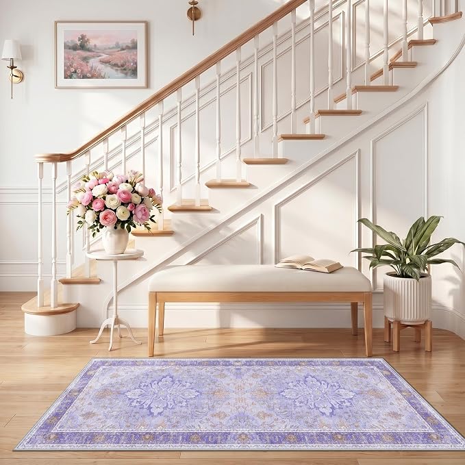 RELEANY Washable Area Rug, Runner 2'6"x5', Purple | Non-Slip, Water Repellent, Pet Friendly, Easy to Clean, Vintage Floral Boho Decor for Kitchen Entry Bedroom Bedside Laundry