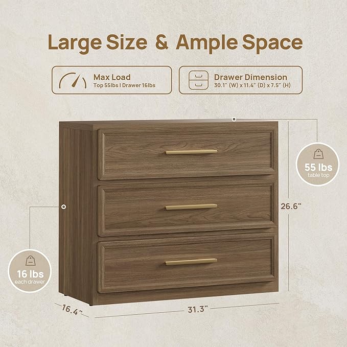 SICOTAS Oversized Nigh Sstand with 3 Drawers for Bedroom Tall Bedside Table | Extra Large Nightstand with Storage 31.3" Wide Side Table Modern End Table Night Stands for Sofa Couch Office