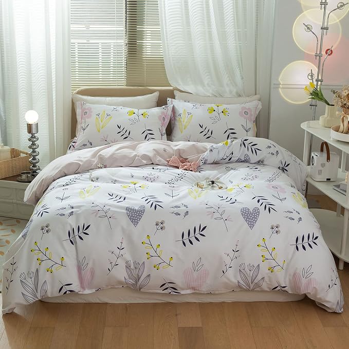 mixinni Garden Style Floral Duvet Cover Queen Size Teenage Girls Flower Leaf Print 3pc Soft Cotton Bedding Set Comforter Cover with Zipper Ties Perfect for Girls- (3pcs, Queen Size)