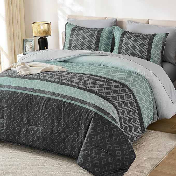 Boho Comforter Set Queen Size,Green and Grey Striped Bed in a Bag | 7 Piece Plaid Comforter Set,Soft Microfiber Bedding Sets