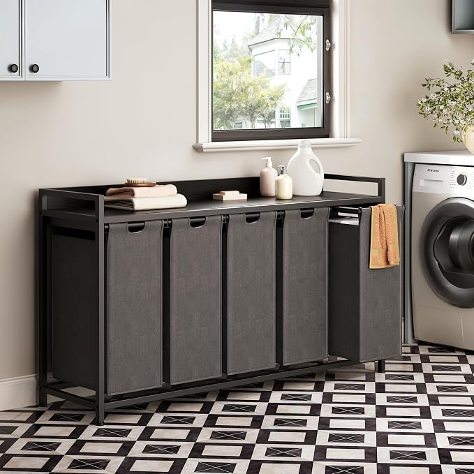 Herture Laundry Hamper with Shelf, Laundry Basket 5 Section, Laundry Sorter with Pull-Out Removable Large Bags and Movable Wheels, Metal Frame, 5 x 15.87 Gallons (60L), Black PF08XLB