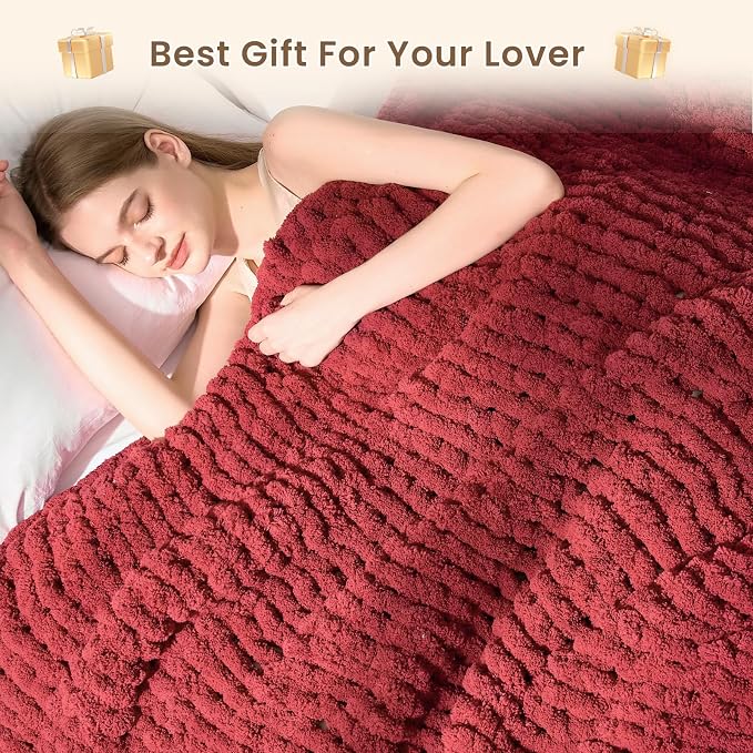L'AGRATY Chunky Knit Throw Blanket for Couch, 50 x 60 Inches, Maroon Red | Handmade Chenille Crochet Blanket for Sofa Bed, Thick Cable Knitted Blankets for Room Home Decor, Birthday Gift for Women Mom