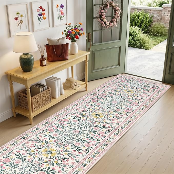 PLHXFR 2x5 Washable Runner Rug：Floral Indoor Kitchen Carpet Pink Green | For Hallway Bedroom Kitchen Laundry Bathroom Dorm,Vintage Floral,Machine washable,Non Slip,Stain Resistant,Indoor Floor